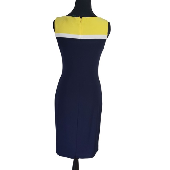 Lauren Ralph Lauren Colorblock Ruched Sheath Dress Navy Yellow Size 2 - Picture 4 of 12